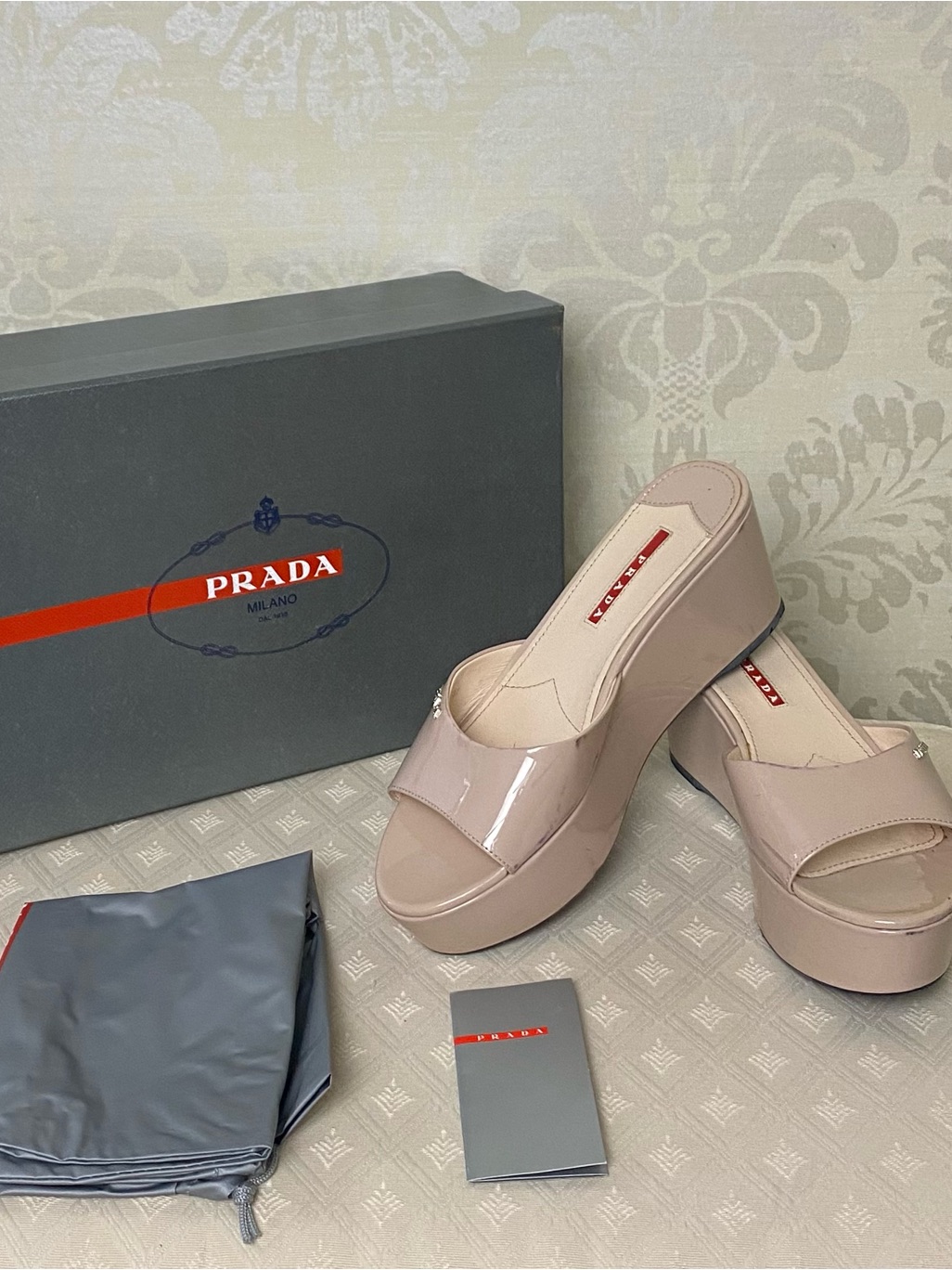 Prada Nude Patent Platform Slide Sandals